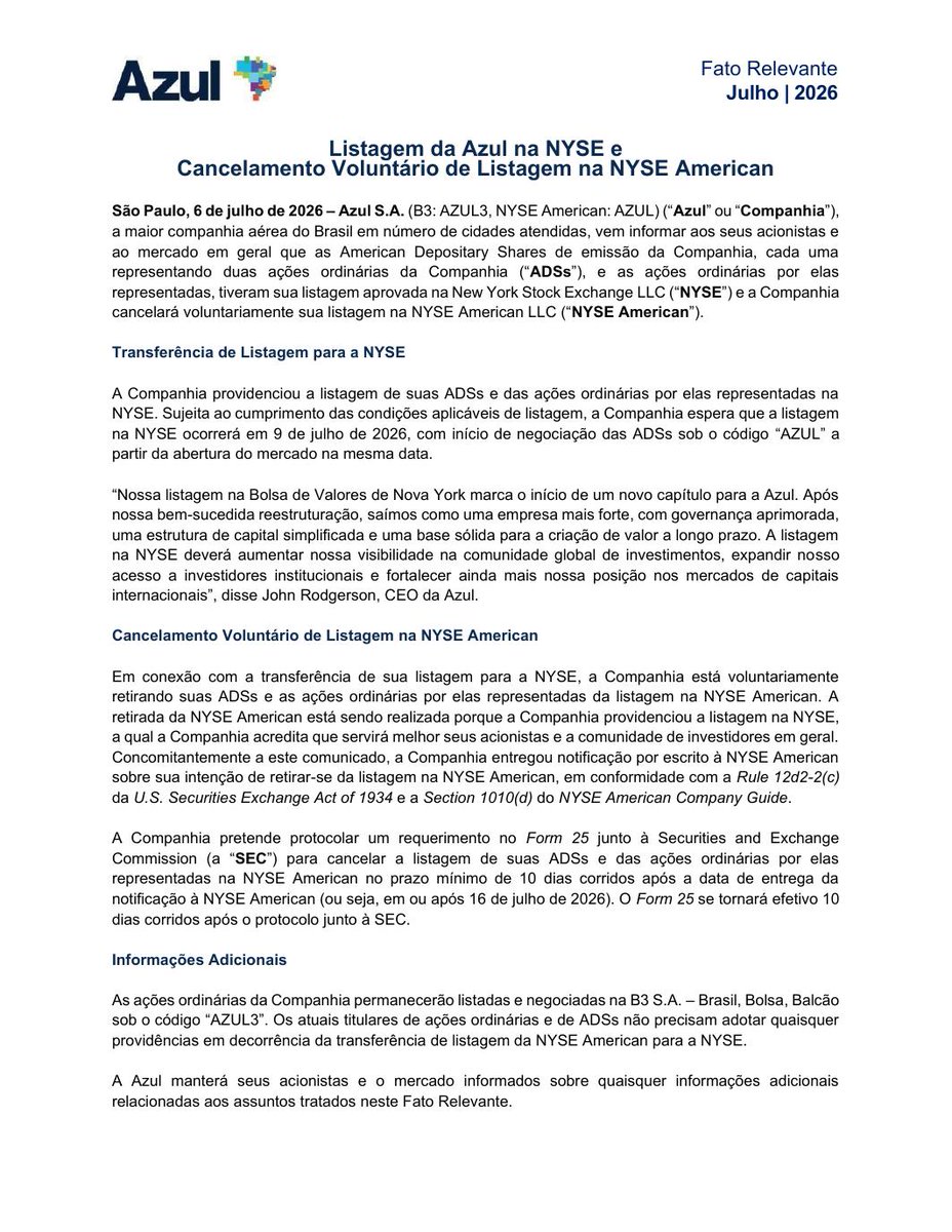 AvisosDaBolsa's tweet photo. AZUL S.A. - Listagem da Azul na NYSE e Cancelamento Voluntário de Listagem na NYSE American #AZUL4 https://t.co/fPD13BZLsJ