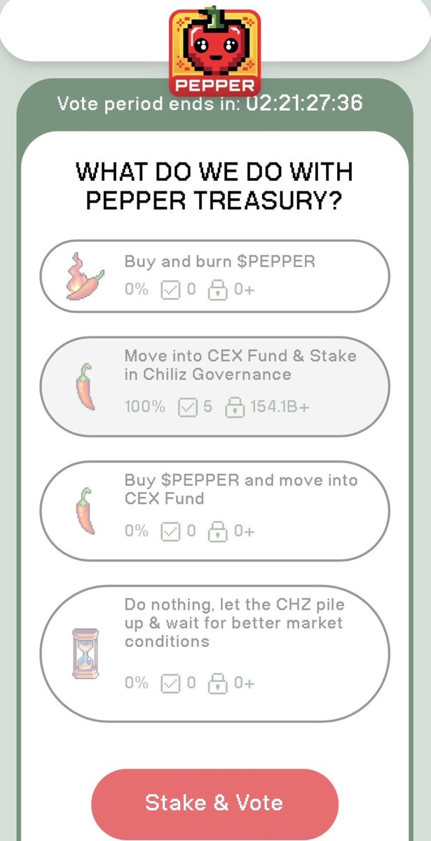 PepperChain's tweet photo. 🚨 New DAO Vote is LIVE! 🚨

#PepperPeople, it’s time to decide the next big move for the $PEPPER Treasury! 🌶️

The options are on the table:

🔥 Buy & burn $PEPPER
📈 Move into CEX Fund & Stake in Chiliz Governance
💼 Buy $PEPPER and move into CEX Fund
⏳ Do nothing & wait for better market conditions

Your tokens, your choice. 🫵

Head to https://t.co/5h1i0wxwXi right now, Stake & Vote before the timer runs out! 🗳️👇