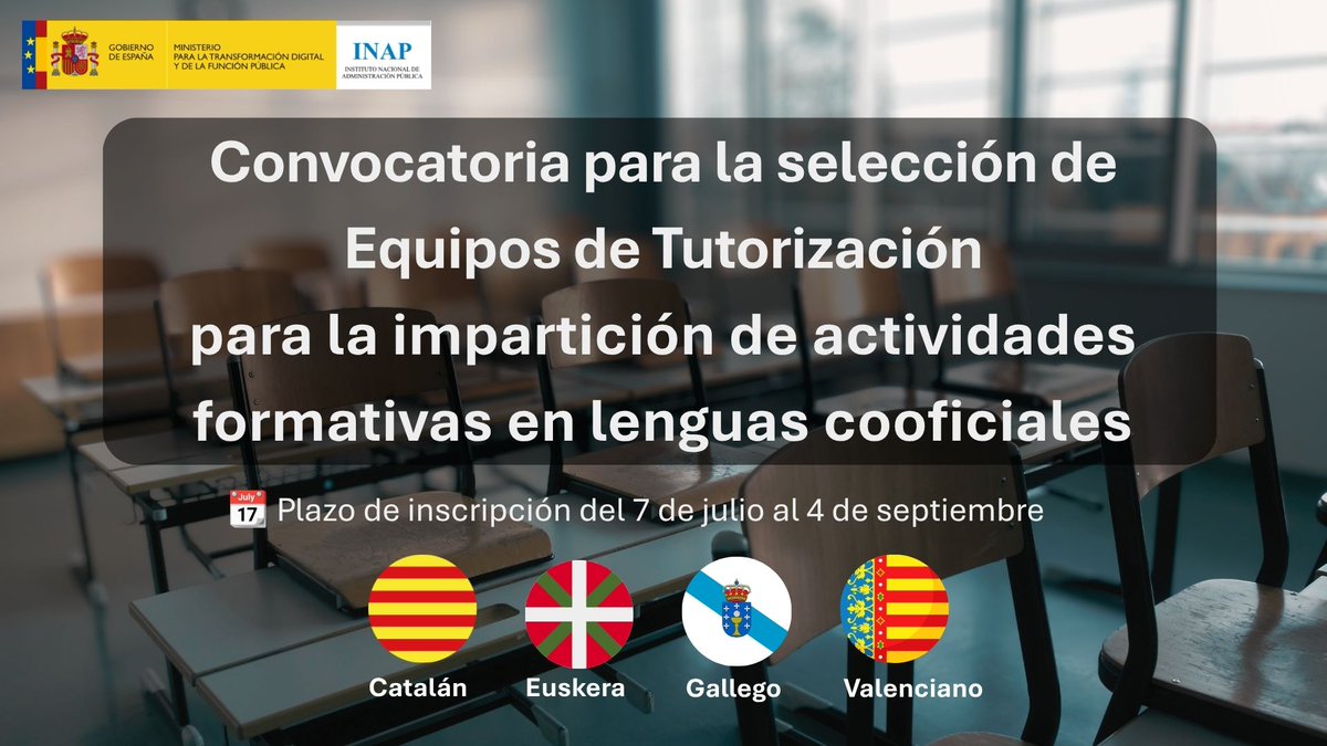INAP_ES's tweet photo. 📢 Hoy, 6 de julio, se abre la convocatoria para seleccionar equipos de tutorización que impartirán actividades formativas en lenguas cooficiales
🔗 Más info: https://t.co/tD2DV9vI5p
📝 Inscríbete: https://t.co/2UWNckJQ4W
#INAP #FormaciónPública https://t.co/yXbJsf0imM