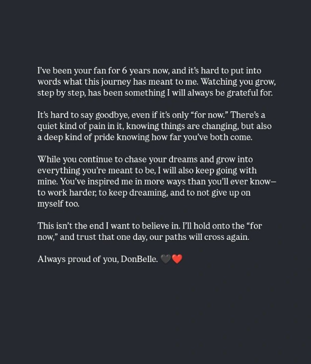 into_belledon's tweet photo. Until our paths cross again, DonBelle. I’ll hold onto the hope that someday, we’ll meet where we left off. 🤍 https://t.co/6FllfoSsEZ