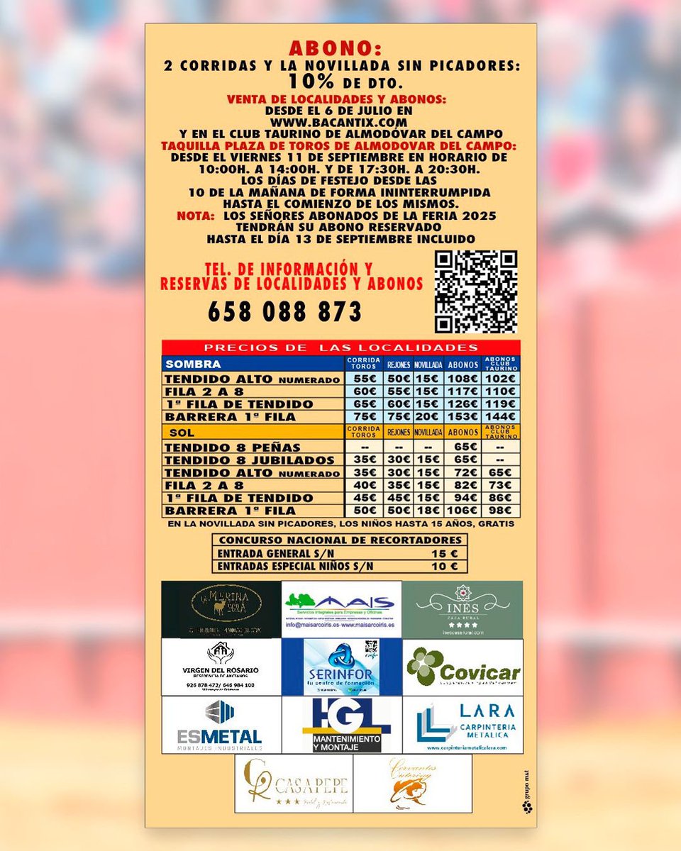 ArenasSNicasio's tweet photo. 🎟️ ¡ENTRADAS A LA VENTA! 

La Feria Taurina de Almodóvar del Campo ya tiene abiertas sus taquillas. Vive cuatro días de emoción con un cartel de primer nivel

📅 Del 17 al 20 de septiembre.

🎟️ Compra ya tus entradas y asegura tu localidad: https://t.co/O8xsuT2l7G https://t.co/KxniNnTREj