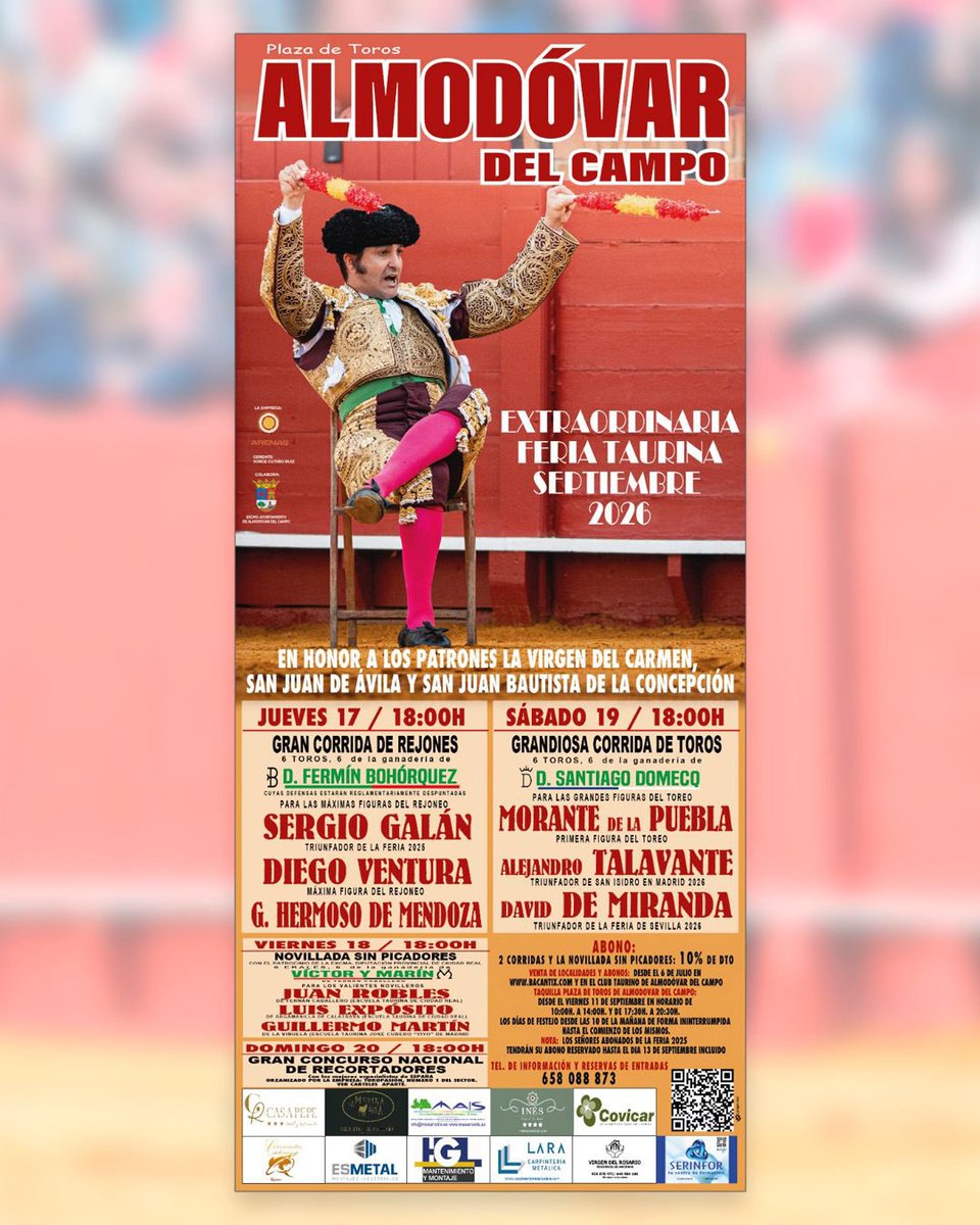 ArenasSNicasio's tweet photo. 🎟️ ¡ENTRADAS A LA VENTA! 

La Feria Taurina de Almodóvar del Campo ya tiene abiertas sus taquillas. Vive cuatro días de emoción con un cartel de primer nivel

📅 Del 17 al 20 de septiembre.

🎟️ Compra ya tus entradas y asegura tu localidad: https://t.co/O8xsuT2l7G https://t.co/KxniNnTREj
