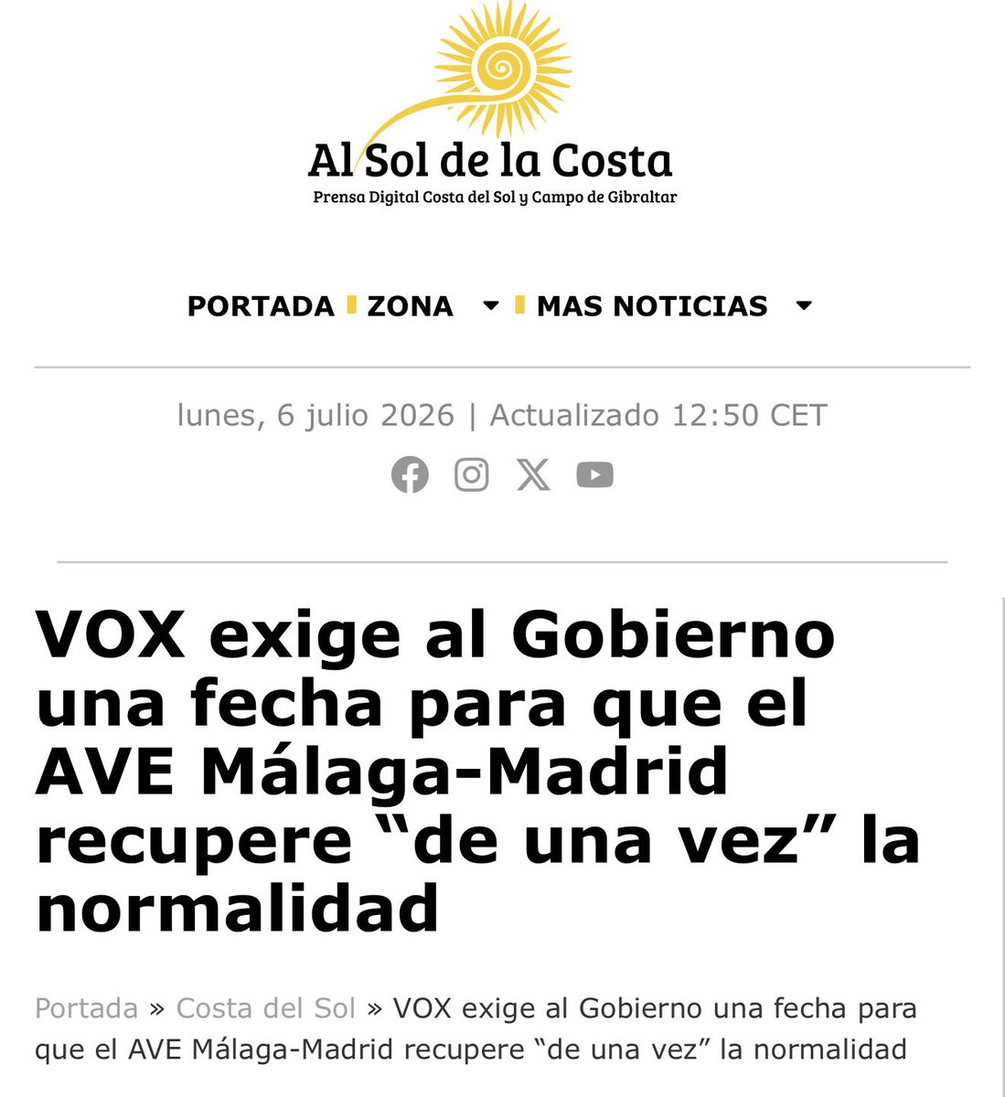 vox_malaga's tweet photo. El AVE Madrid-Málaga sigue sin funcionar al 100% a pesar de que ya estamos en plena temporada estival.

La incompetencia del Gobierno de Sánchez no tiene límites.

@_patricia_rueda ⬇️

🗞️ https://t.co/vm5m5fIndj https://t.co/9H2z150h7y