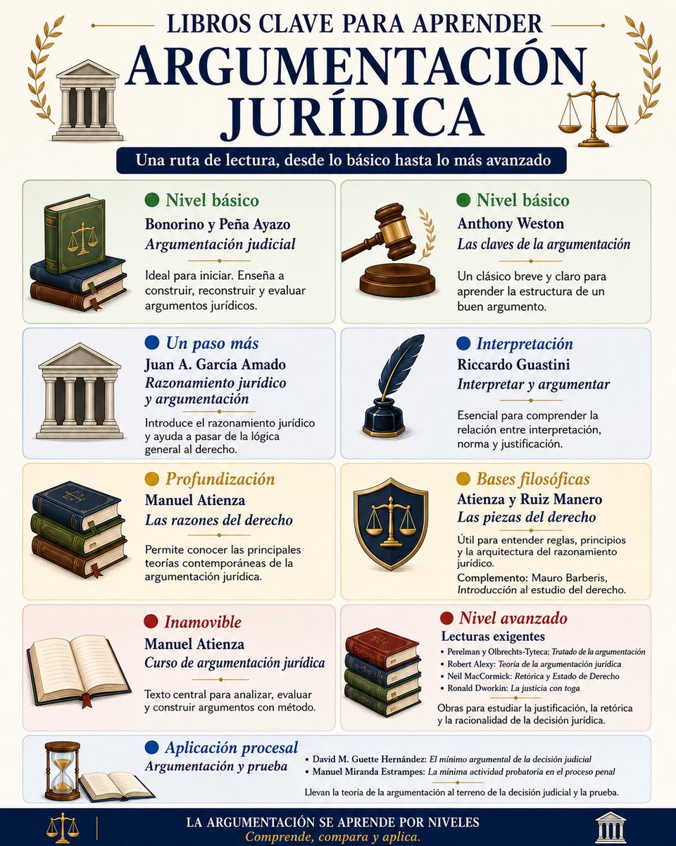 guettedavid's tweet photo. 🔷️♦️LOS MEJORES LIBROS PARA APRENDER A ARGUMENTAR EN DERECHO♦️🔷️

Aprender argumentación jurídica exige una ruta. No conviene comenzar por las obras más complejas sin dominar previamente los conceptos, las estructuras y las teorías que les sirven de fundamento.

Esta es mi ruta de lectura:

🟢 1. LAS BASES DE LA ARGUMENTACIÓN

Para comenzar, recomiendo dos textos claros y didácticos:
🟢 Argumentación judicial: construcción, reconstrucción y evaluación de argumentaciones orales y escritas, de Pablo Raúl Bonorino y Jairo Iván Peña Ayazo, publicado por la Escuela Judicial Rodrigo Lara Bonilla.
🟢 Las claves de la argumentación, de Anthony Weston.

🔴 2. El siguiente paso consiste en trasladar esas bases generales al campo jurídico:

🔵 Razonamiento jurídico y argumentación. Nociones introductorias, de Juan Antonio García Amado.
🔵 Interpretar y argumentar, de Riccardo Guastini.

García Amado ofrece una introducción clara al razonamiento jurídico. Guastini permite comprender la relación entre disposición, norma, interpretación, construcción jurídica y justificación de las decisiones interpretativas.

🟡 3. Cuando se dominan los conceptos básicos, es necesario estudiar las teorías y los autores que construyeron la teoría contemporánea de la argumentación jurídica:
🟡 Las razones del derecho. Teorías de la argumentación jurídica, de Manuel Atienza.

Este libro permite ingresar en las propuestas de Viehweg, Perelman, Toulmin, MacCormick y Alexy, e identificar qué problema intenta resolver cada teoría.

🟡 Las piezas del derecho. Teoría de los enunciados jurídicos, de Manuel Atienza y Juan Ruiz Manero.
🟡 Introducción al estudio del derecho, de Mauro Barberis.

Estas obras ayudan a comprender las reglas, los principios, las concepciones del derecho y las bases filosóficas desde las cuales se construyen y evalúan los argumentos jurídicos.

🔴 4. EL LIBRO INAMOVIBLE
🔴 Curso de argumentación jurídica, de Manuel Atienza.

Es una obra imprescindible. Integra las dimensiones formal, material y pragmática de la argumentación y proporciona herramientas para realizar las tres tareas centrales de todo jurista:
🔴 Analizar argumentos.
🔴 Evaluar argumentos.
🔴 Construir argumentos.

🔶️ 5. LAS OBRAS MÁS AVANZADAS

Una vez adquiridas las bases anteriores, puede comenzarse el estudio de las obras más complejas de la teoría de la argumentación:

🔴 Tratado de la argumentación. La nueva retórica, de Chaïm Perelman y Lucie Olbrechts-Tyteca.
🔴 Teoría de la argumentación jurídica, de Robert Alexy.
🔴 Retórica y Estado de Derecho. Una teoría del razonamiento jurídico, de Neil MacCormick.

Estas obras resultan exigentes porque desarrollan modelos completos sobre la racionalidad práctica, el discurso jurídico, la persuasión, la justificación y los límites del razonamiento judicial. Por eso recomiendo estudiarlas junto con el Curso de argumentación jurídica de Atienza.

Mención especial merece:

🔴 La justicia con toga, de Ronald Dworkin.

Dworkin obliga a examinar la relación entre derecho, moral, interpretación, teoría jurídica y decisión judicial.

🔵 6. Finalmente, estas herramientas deben llevarse al terreno procesal y a la práctica de la decisión judicial:

🔵 El mínimo argumental de la decisión judicial, de David Modesto Guette Hernández.
🔵 La mínima actividad probatoria en el proceso penal, de Manuel Miranda Estrampes.

El primero propone las condiciones argumentativas mínimas que debe satisfacer una decisión judicial racional. El segundo permite profundizar en la actividad probatoria necesaria para fundamentar legítimamente una decisión en el proceso penal.