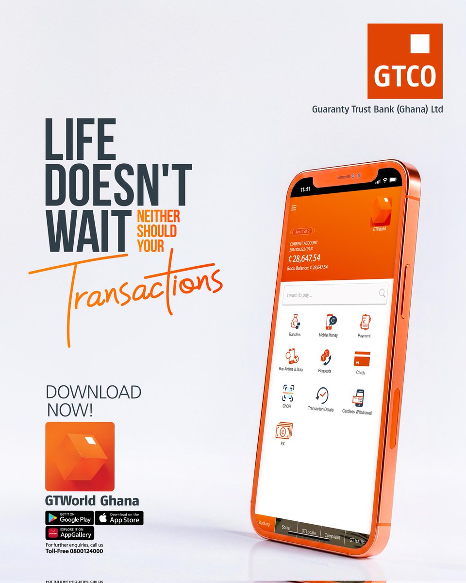 GTBankGhana's tweet photo. Eliminate the wait! Hop on speed and convenience with the GTWorld Ghana app and get your transactions done quickly. Download it from the App Store, the Google Play Store, or the Huawei App Gallery today.
#GTBankgh
#CreatingGreatExperiences https://t.co/RckkUrThfB