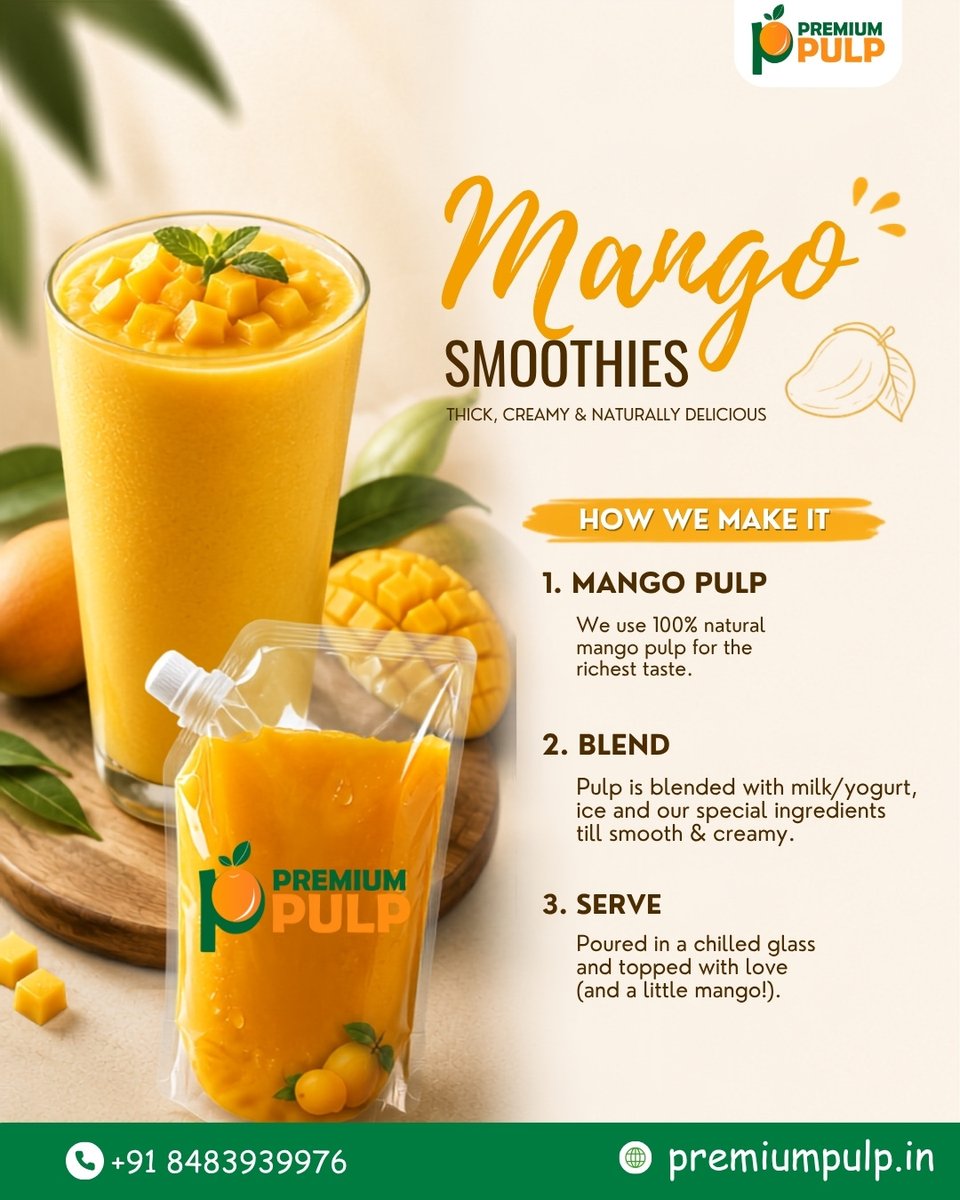 PremiumPulpp's tweet photo. Mango Smoothie Menu IdeaCreate thick and flavourful mango smoothies for your café menu.#PremiumPulp #MangoSmoothie #SmoothieBase #CafeRecipes #FruitPulp #PrincetrustsAnytimeastro #samsung #Satluj #SMEStockMomentum #SahkarSeSamriddhiKe5Saal https://t.co/pGjBDUo37C