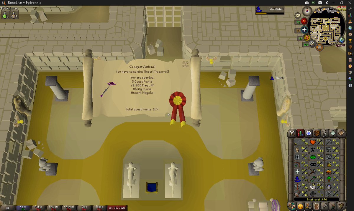 tydrennis's tweet photo. Knocked off two big quests for @OldSchoolRS Recipe For Disaster and Desert Treasure Part 1. Slowly going for quest cape and max out the account. https://t.co/VfTPFxFEjw