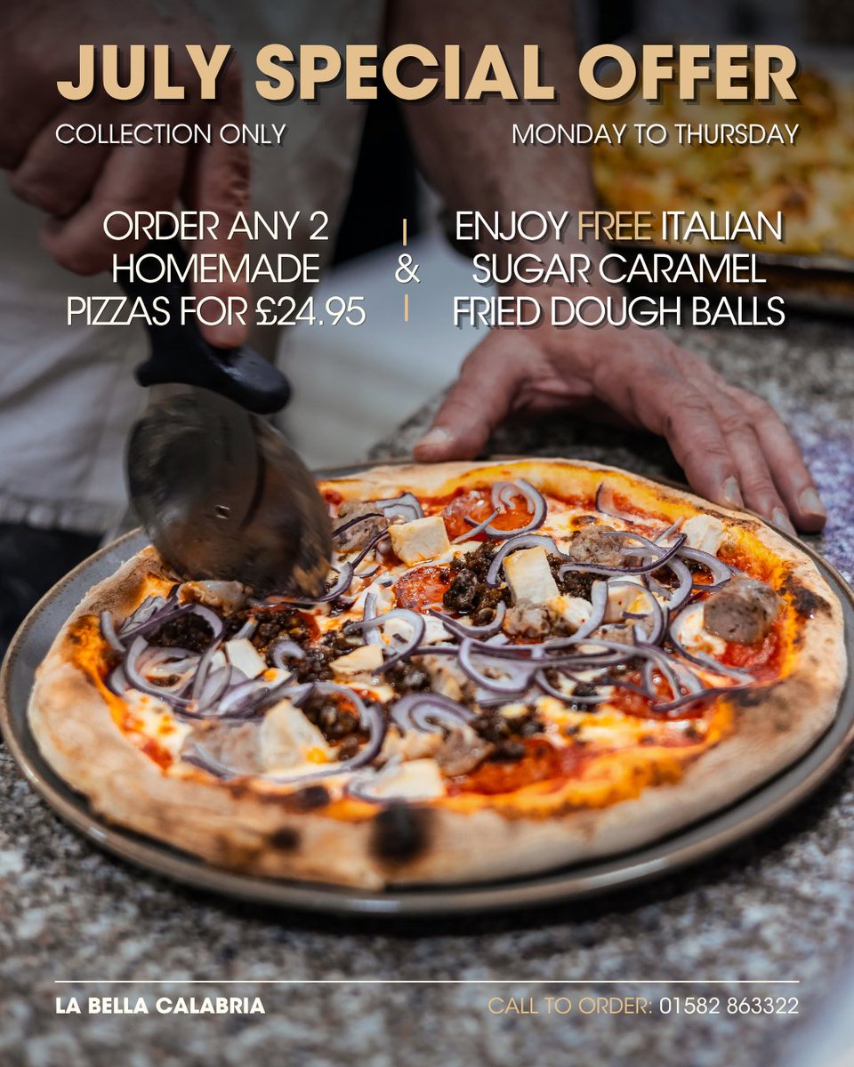 LaBellaCalUK's tweet photo. No need to worry about dinner ✨

Order any 2 of our pizzas for £24.95 and enjoy a free portion of Fried Dough Balls.

Available for collection, Monday to Thursday.

📲 Call us on 01582 863322 to place your order.
*Please check with our staff for allergy &amp; gluten-free options https://t.co/GrRx4BQZ4z