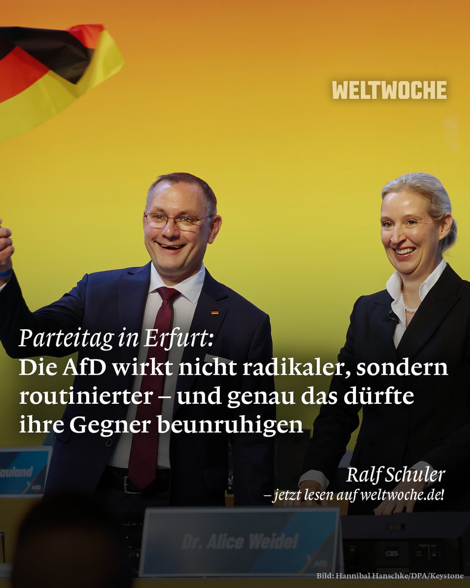 Weltwoche's tweet photo. 🇩🇪 Parteitag in Erfurt: Die AfD wirkt nicht radikaler, sondern routinierter – und genau das dürfte ihre Gegner beunruhigen ✍️ Von Ralf Schuler 🔗 Hier ganzen Kommentar lesen: https://t.co/8vcMIpcoDB https://t.co/cHITFTcYwi
