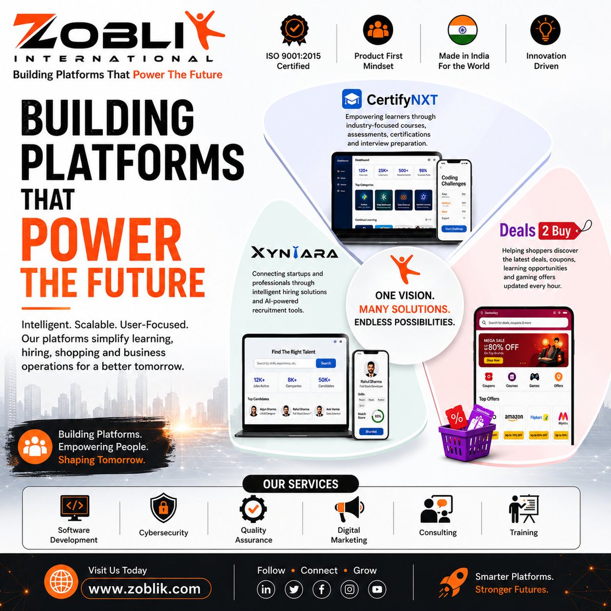 ZoblikInt's tweet photo. One Vision. Many Solutions. Endless Possibilities. 🚀
Building intelligent platforms for learning, hiring, and smarter shopping.
✔️ CertifyNXT
✔️ Xyntara
✔️ Deals2Buy
Explore how we're building platforms that power the future.
https://t.co/g7SHxFwHII
#Zoblik #ProductFirst https://t.co/7sueWIUOAq