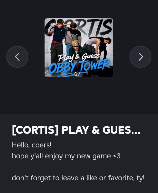 jcoer_'s tweet photo. Good news for #coers &amp; #robloxians!

A new game has been released 💌

game name: [CORTIS] Play &amp; Guess Obby Tower 

link 🖇️ :
https://t.co/Tdk65mvEMf https://t.co/C7lJskUNcg