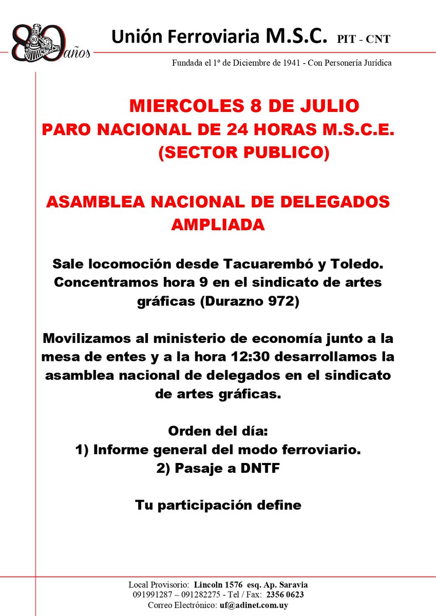 Ferroviariosuy's tweet photo. 🚂 Este 8 de julio nadie decide por vos.
📢 Paro Nacional de 24 horas del Sector Público y Asamblea Nacional de Delegados Ampliada 
🕘 A las 09:00 hs nos juntamos en el Sindicato de Artes Gráficas (Durazno 972)
🚂✊✊¡POR QUE TU PARTICIPACION DEFINE! 🚂✊ https://t.co/OvcnGRE5Gd