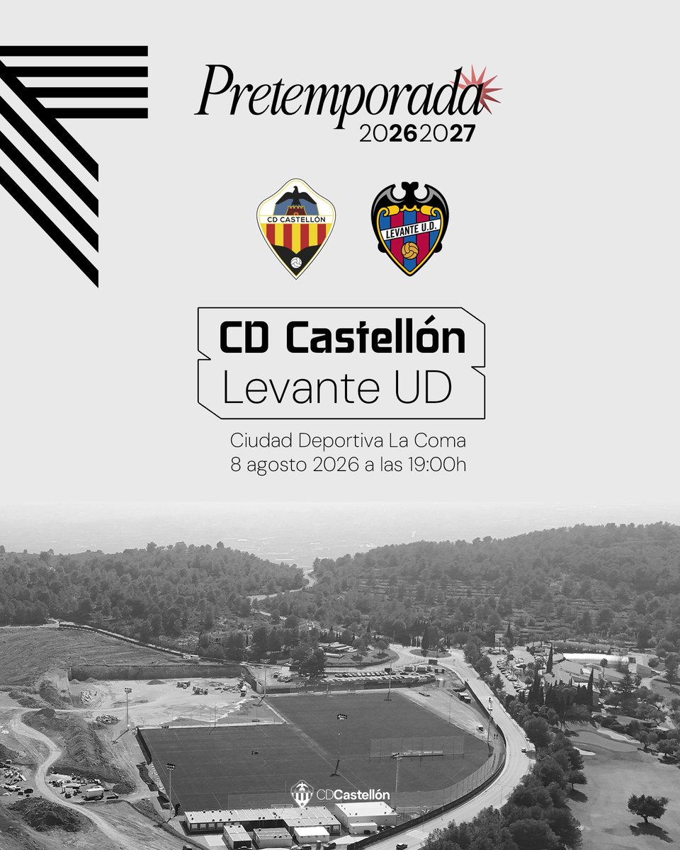 CDCastellon's tweet photo. 🆕 Nuevo amistoso confirmado para la pretemporada 2026/2027 

🆚 @LevanteUD  
📅 Sábado 8 de agosto 
🕗 19:00h 
🏟️ Ciudad Deportiva La Coma

#PPO👂 https://t.co/UqRfGJSnco