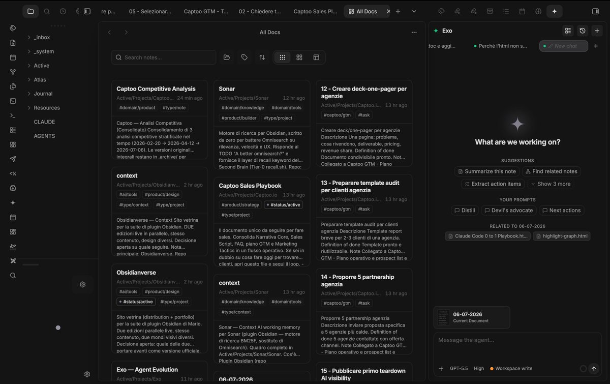 MarioMiletta's tweet photo. I wanted a few Notion/Craft features inside @obsdmd . So I built them.

Obsidianverse is now 9 plugins + 1 theme: Exo, Sonar, Horizon, Masonry, SuperBaseTags, Composer, Notion Outline and more.

New builder loop: notice friction, build the missing tool, use it daily. https://t.co/67MXuyYHvc