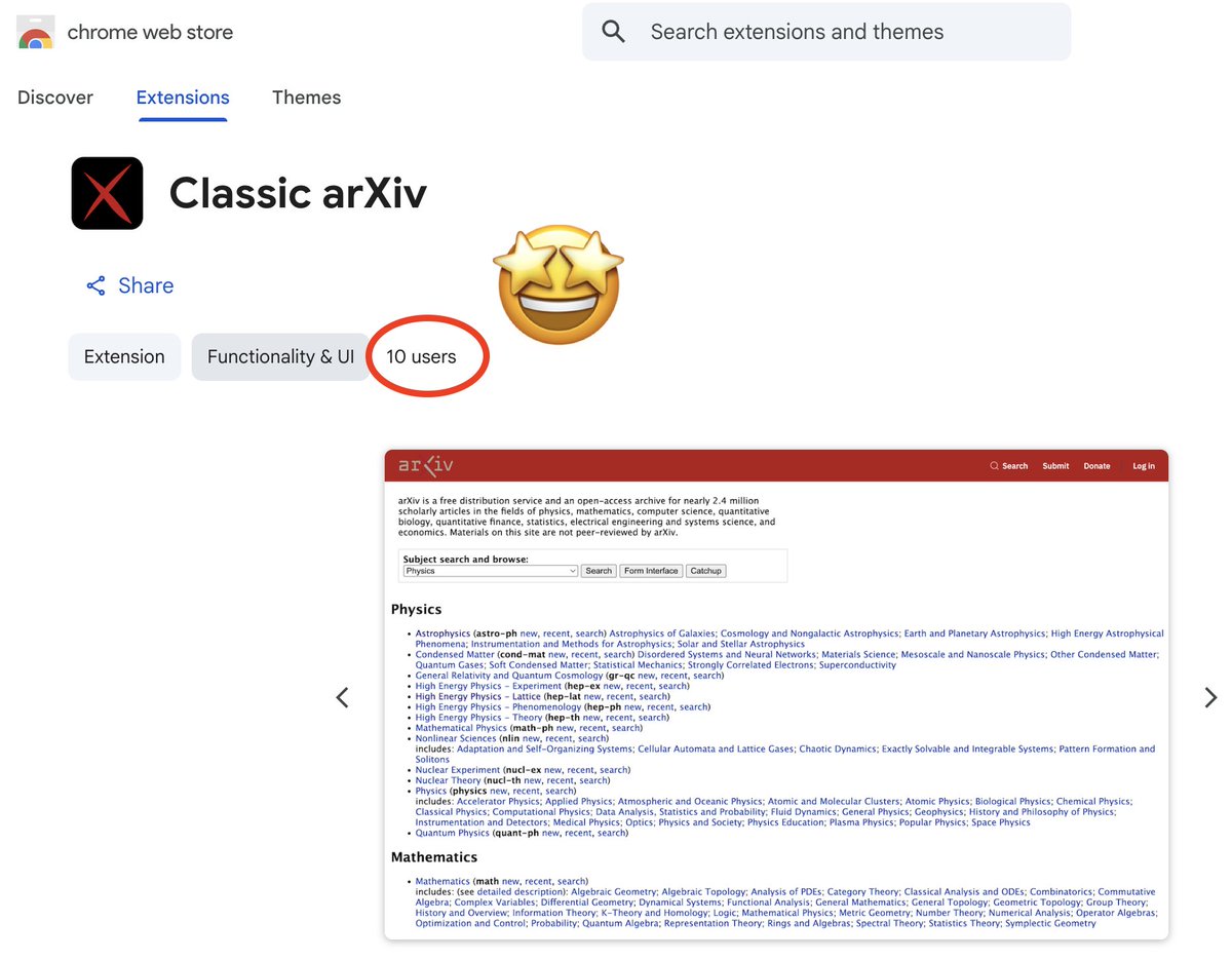 rothkopfAK's tweet photo. It is small things in life from which to derive happiness. A big thank you to the ten individuals who already tried my "Classic arXiv" browser extension. Available on @googlechrome web store and on @mozilla @firefox add-ons. https://t.co/MfyNuVOOpn