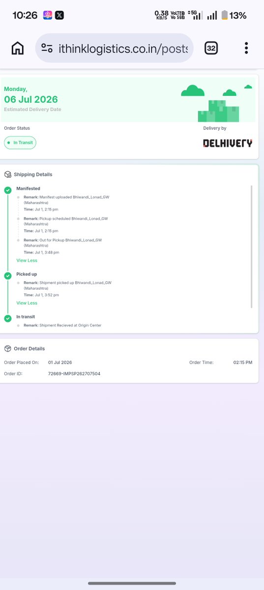 AnubhavMathur4's tweet photo. Tracking ID:
13625033839045
Order No.: 72669
It was supposed to get delivered today but there's no clear updates on the Shipping or Tracking for the same.
@delhivery https://t.co/4ZvYPGOqav
