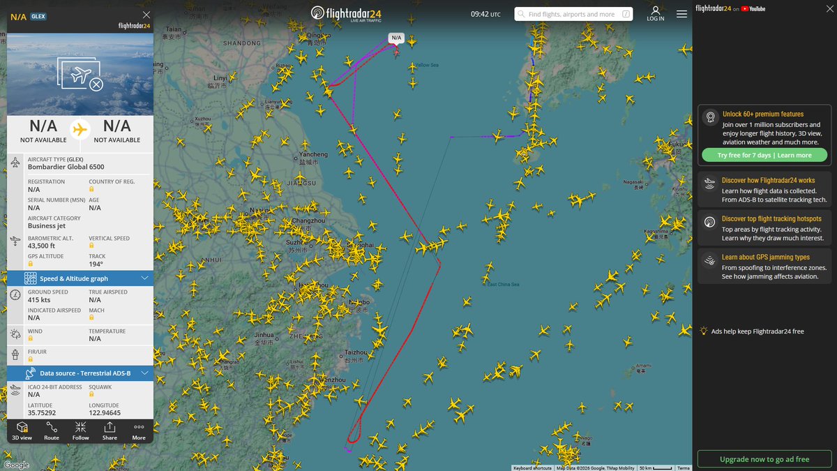 AIYeyENGDdJkjTr's tweet photo. July 6, 2026
#USAG Camp Humphreys, South Korea ==> #Eastern coastal region of China
(#Shandong Peninsula <==> #North Sea of Taiwan)
#NoCALLSIGN #A2FAD1 US Army BD-700 ARES https://t.co/vAuE6mzdfX