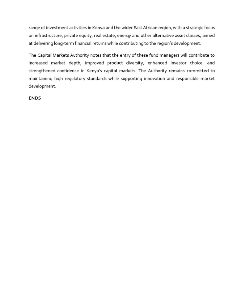 CMAKenya's tweet photo. PRESS RELEASE.
CMA LICENSES THREE NEW FUND MANAGERS TO EXPAND ASSET MANAGEMENT CAPACITY IN KENYA. https://t.co/7bCEqjcKnz