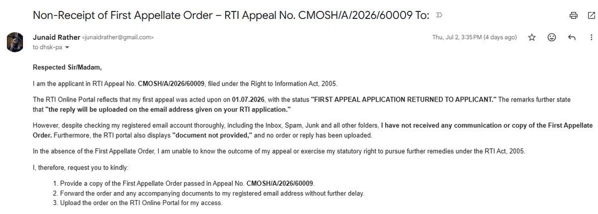 junaidrather_'s tweet photo. nothing has been shared till date. Requesting @DHSKashmir and Hon'ble @sakinaitoo to kindly intervene. RTI No. CMOSH/R/2026/80018 | First Appeal No. CMOSH/A/2026/60009 https://t.co/0YO86l6Ihz