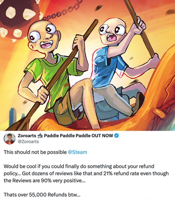 Crypto_Jargon's tweet photo. be Mateo

- 23 years old
- solo game developer from Germany
- goes on vacation, tries paddle boating with his brother
- realizes how hard it actually is

- gets home, builds a physics-based coop paddle game around the idea
- ships the demo in 2 weeks
- releases the full game as "Paddle Paddle Paddle"

- game blows up
- sells over 150,000 units
- goes full-time as an indie dev
- named Forbes 30 Under 30 Europe 2026

should be a total win

- 90% positive reviews
- game clearly works, clearly isn't broken

but the game is short, tight, and easy to finish fast

- 55,000 refunds
- 21% refund rate
- $164,000 clawed back at $2.99 a copy

not because it's bad

because Steam's refund window has a blind spot

- less than 2 hours played, 14 days since purchase
- instant refund, no questions asked
- built to protect buyers from broken games
- can't tell "this didn't work" from "I beat this and want my money back"

this exact exploit already happened in 2021

- different indie dev, Emika Games, hit the same wall
- nearly quit the industry over it

Valve still hasn't fixed it

- posts about it publicly, gets support from the community
- keeps developing anyway
- already teasing his next game, a coop voice-controlled chaos game called CAAAHR

went from a shower thought on vacation to 150,000 units sold to a six-figure hole in his pocket, all from the same industry that put him on Forbes' 30 Under 30 list