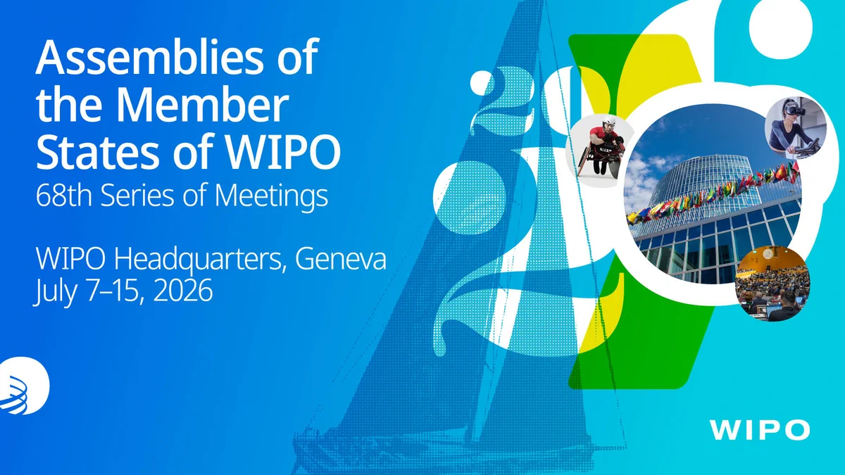 Text reads: “Assemblies of the Member States of WIPO. 68th Series of Meetings. WIPO Headquarters, Geneva. July 7-15, 2026”. The visual features a blue background with abstract geometric shapes and circular photo inserts showing the WIPO headquarters building with flags, a wheelchair athlete, a person wearing a virtual reality headset, and a meeting taking place in the WIPO Conference Hall. The WIPO emblem appears on the left and the WIPO acronym at the bottom right.