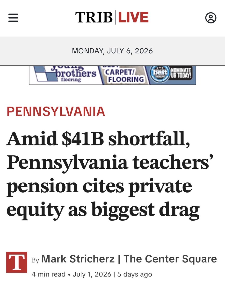 kshaughnessy2's tweet photo. $41B Shortfall. 
Pennsylvania Teachers’ Pension Fund Loses Big on a $10 Billion Private Equity Bet

@TribLIVE reports PSERS expected to make around 10%, but got just 2.59%.

The big teachers’ pension fund in PA is reportedly $41 billion underwater. 

Dumping money into private equity hurt the whole fund more than anything else.

Teachers will pay the price with a weaker retirement.

And this is why I’ve warned for years to protect your retirement accounts. 

Thanks @SocialWatchNew