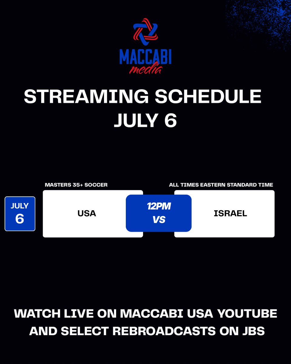 MaccabiUSA's tweet photo. We’re pumped to bring some amazing Masters 35+ Soccer action where the USA will face off against Israel live on our YouTube channel!

Watch live here!

https://t.co/VXLiRJS9yW https://t.co/LVN7FuUJtt