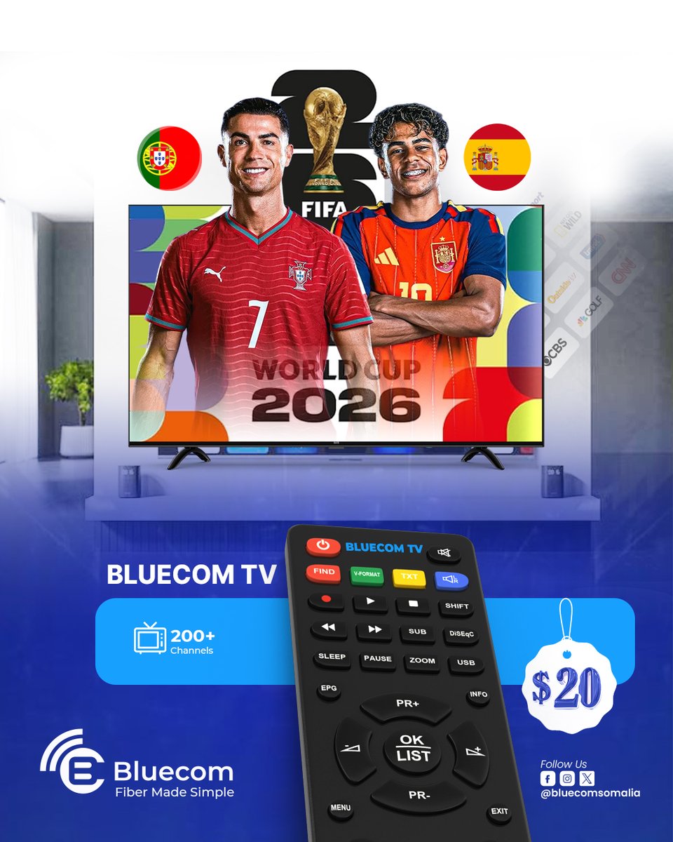 BluecomSomalia's tweet photo. Predict the Exciting World Cup Match and Win $20! 🌍🏆

Portugal 🇵🇹 🆚 Spain 🇪🇸

These two strong teams will face off in a match full of excitement, intense competition, and unforgettable moments.

Leave your prediction in the comments and get a chance to win $20! 🔥

Watch the match live on Bluecom TV and enjoy the action from the comfort of your home.

Get Bluecom IPTV here:
👉 https://t.co/83CCYuJByy
How to Participate:
1️⃣ Like the Bluecom Somalia page
2️⃣ Like this post
3️⃣ Share this post
4️⃣ Follow Bluecom Somalia on Instagram 📲
https://t.co/cw59knwbL1

Predictions close before the match begins.
Note: The $20 prize will go to the first person who completes all the requirements above and correctly predicts the match result.
#BluecomSomalia #BluecomIPTV #WorldCup #PortugalVsSpain