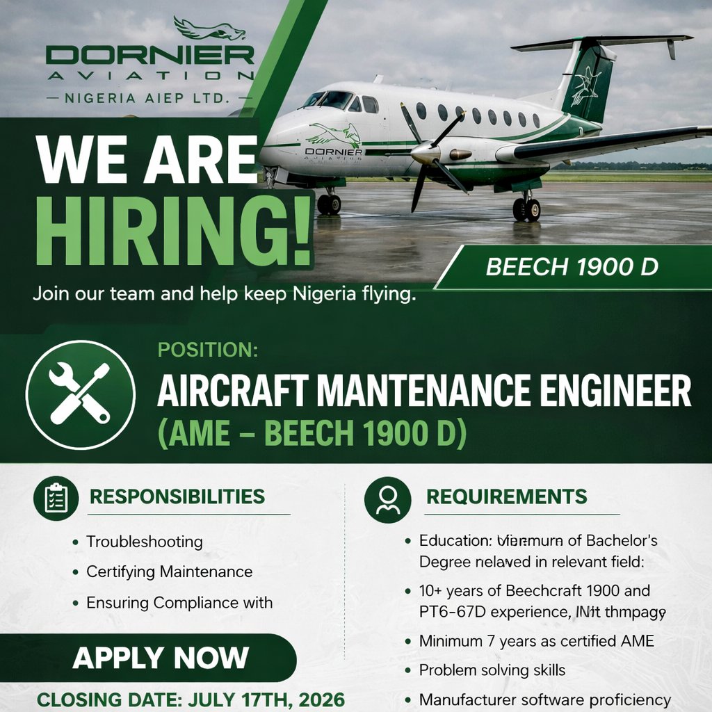 Dornier_AIEP's tweet photo. Aircraft Maintenance Engineer (AME – Beech 1900D) – Technical Department Required: AME License, B1/B2, Pratt &amp; Whitney 67D certification, 10 years Beechcraft 1900/PT6-67D experience, 7 years certifier experience. https://t.co/0wqAg0scng