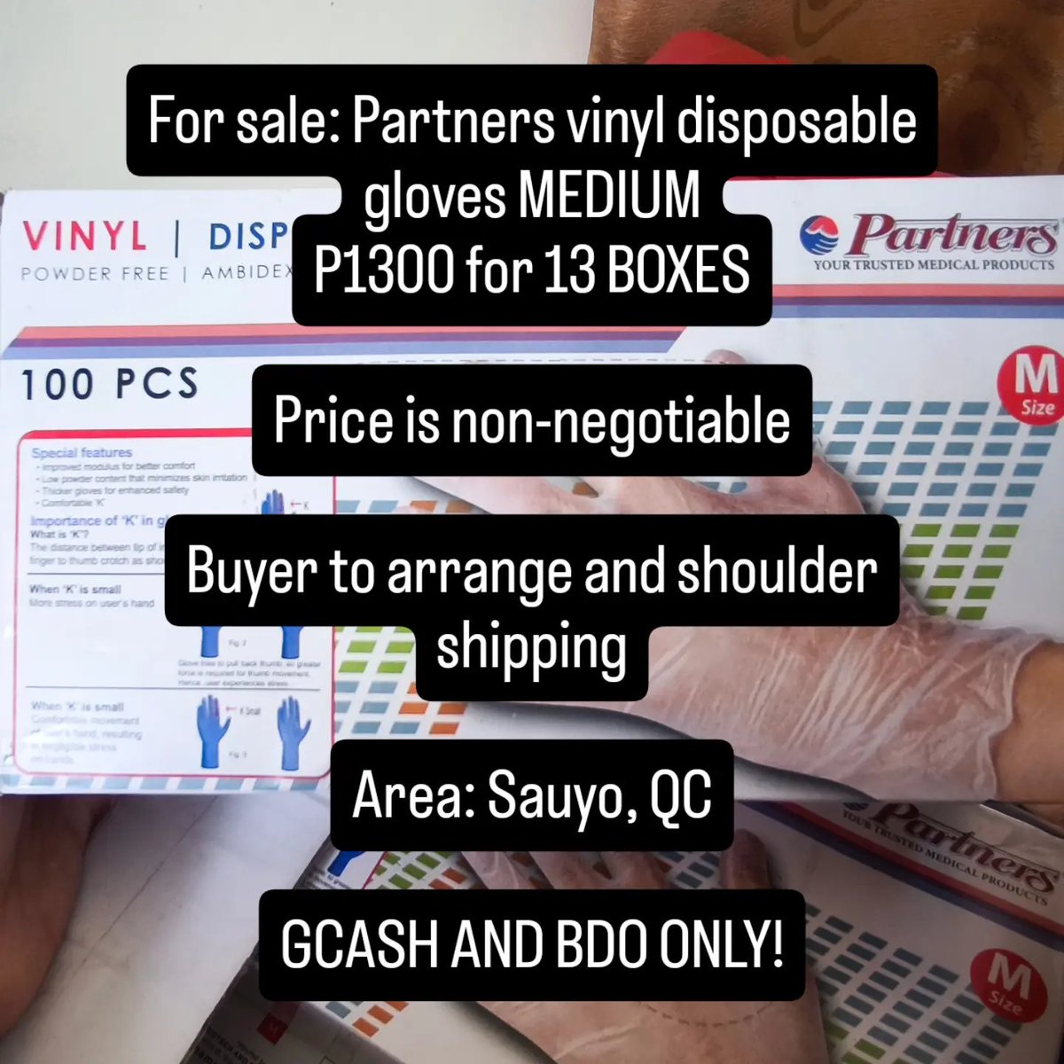 jaaccc's tweet photo. For sale: Partners vinyl disposable gloves MEDIUM 
P1300 for 13 BOXES

Price is non-negotiable

Buyer to arrange and shoulder shipping

Area: Sauyo, QC

GCASH AND BDO ONLY! https://t.co/Pnbrn6u1vd