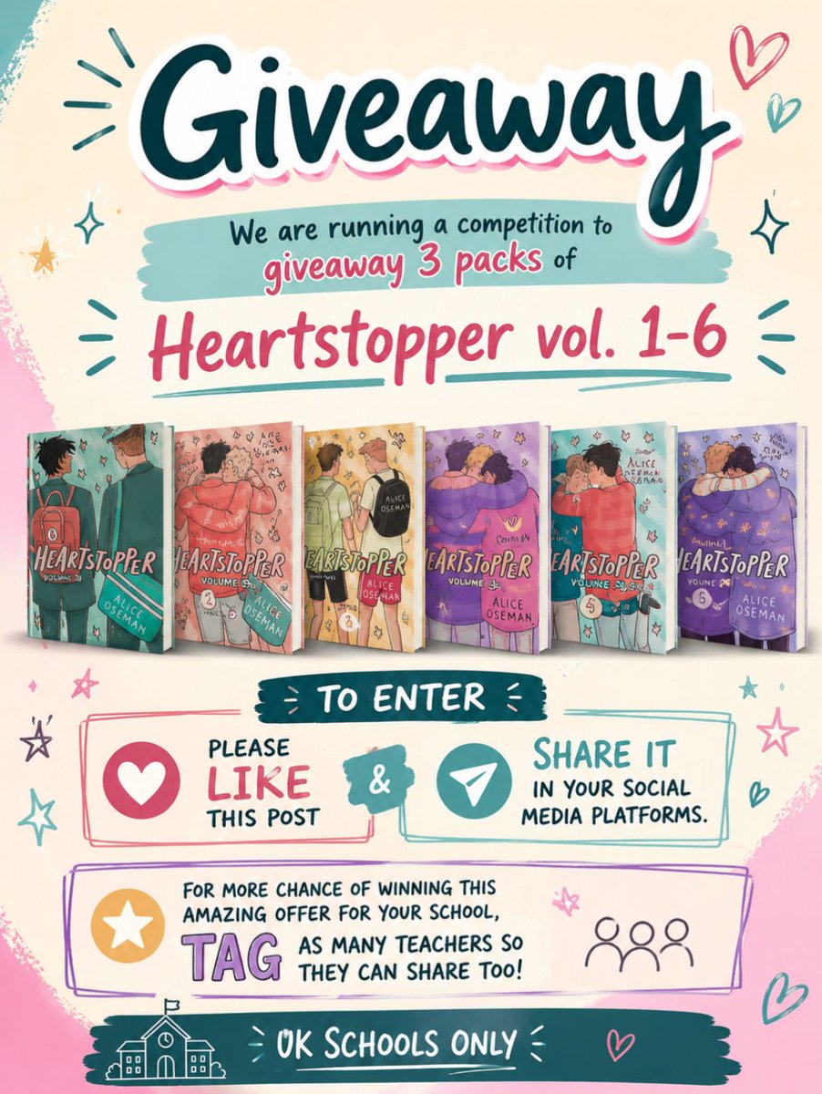 HouseLaburnum's tweet photo. To celebrate the launch of the final episode of the Heartstopper series we are giving away 3 packs of the complete series. Entering is easy like this post, share it and tag 2 people. You must work in a school to enter. The winners will be announced on Monday 13th July. https://t.co/rtTD2oo9FX