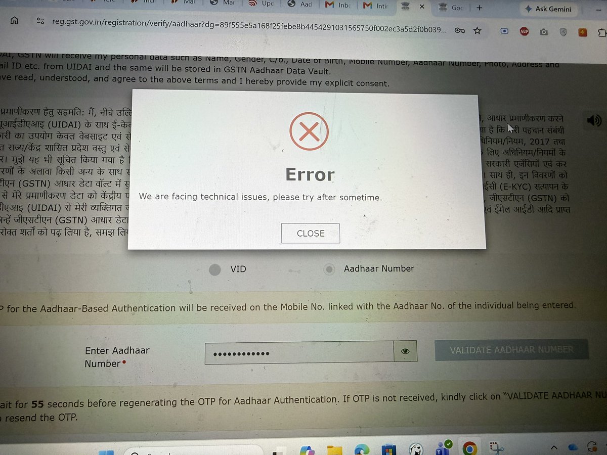 ankit_kr76's tweet photo. Dear GSTN Team, I’m unable to complete Aadhaar eKYC for GST registration. The portal keeps showing “We are facing technical issues, please try after sometime.” Please resolve this issue as soon as possible. @askGST_GoI @Infosys_GSTN #GST #eKYC #GSTRegistration  @GST_Council https://t.co/jolssPsM0D