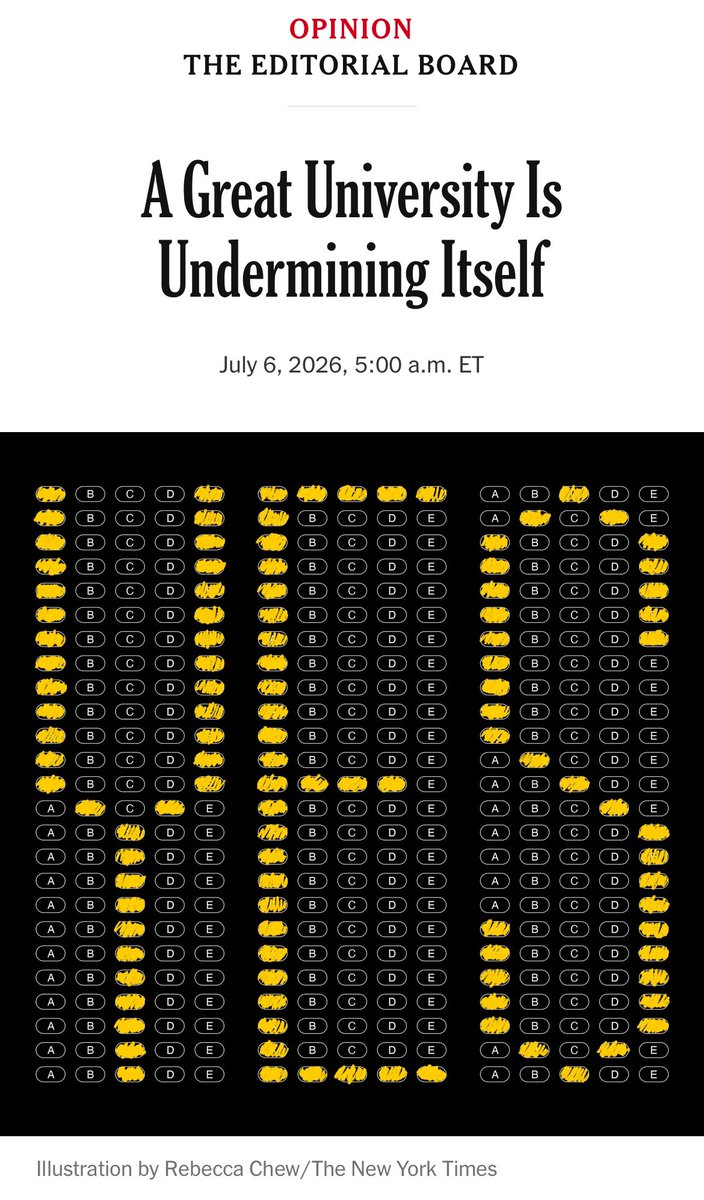 minilek's tweet photo. In today’s New York Times, the full Editorial Board writes removing the SAT “has damaged the [UC] mission of fostering social mobility and training the next generation of scholars. Some of the world’s greatest research institutions must increasingly focus on remediation.” https://t.co/j8OQOkWm9H