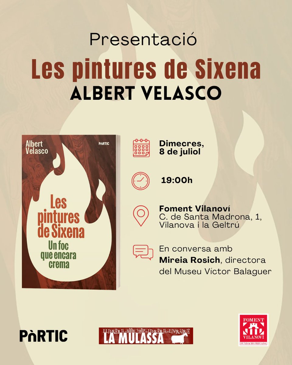 MulassaVilanova's tweet photo. No us perdeu la presentació de Les pintures de Sixena @velasc_alberto @Grup62
🗓 Dimecres 8
🕛19h 
📍Foment Vilanoví 
🎉 Us hi esperem! https://t.co/ROXXxtHgKY