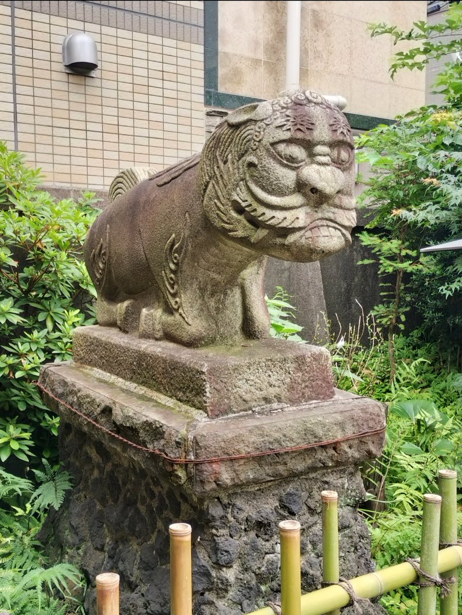 12345toutoo's tweet photo. 港区　承教寺の入口にヘンテコな狛犬が！
…とググったら色んな方の情報で、狛犬でなく「狛件（こまくだん）」という牛から生まれた半人半牛の妖怪と知りました。
独特過ぎ！ https://t.co/j6e5NaybXV