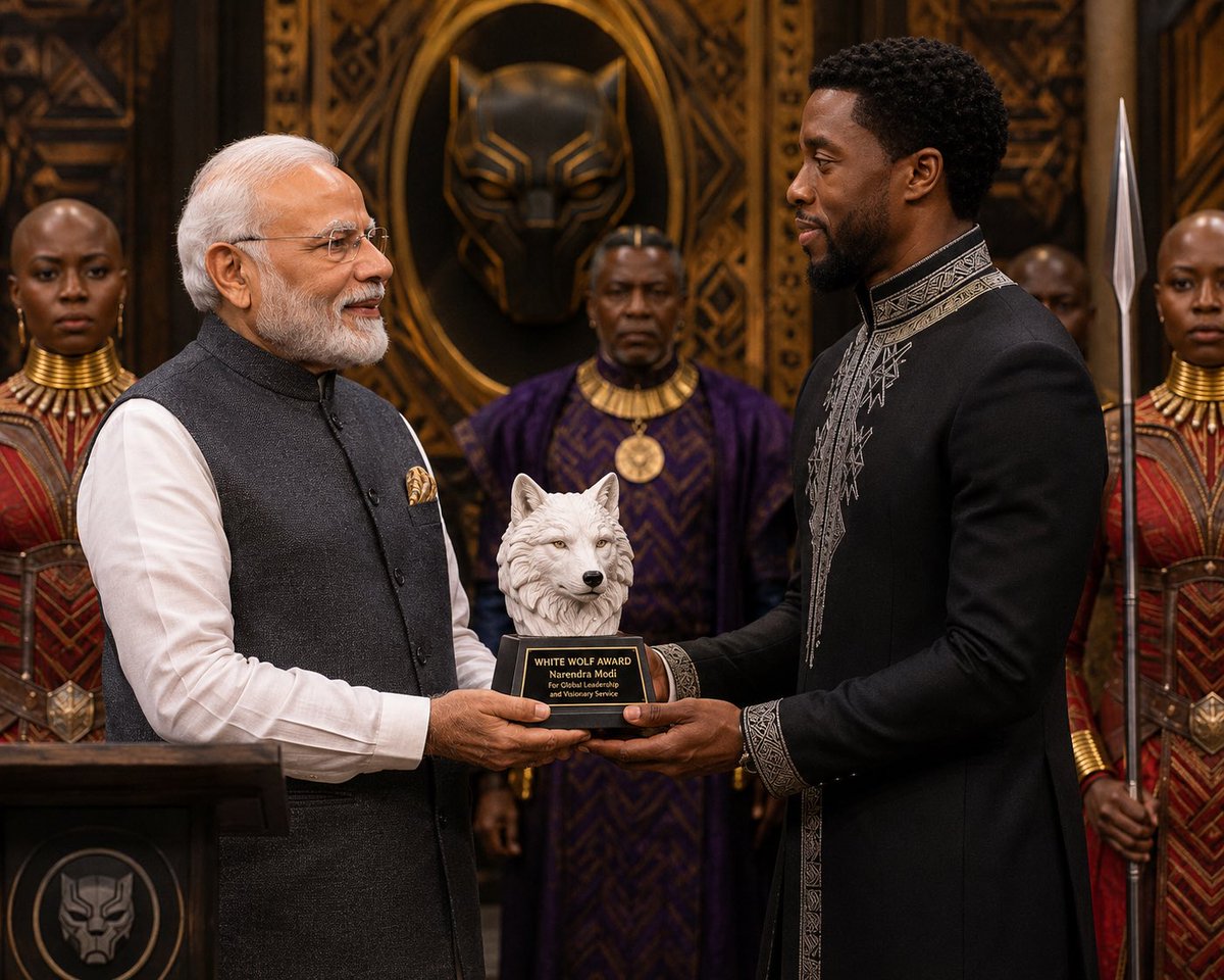 ThisAndThatDude's tweet photo. It is a matter of immense pride for all Indians that the prime minister Shree @narendramodi has been conferred the highest title “The White Wolf” by the kingdom of Wakanda. 
After Everett Ross and Bucky Barnes, Mr Modi is the third person in the history of the world to receive this award.