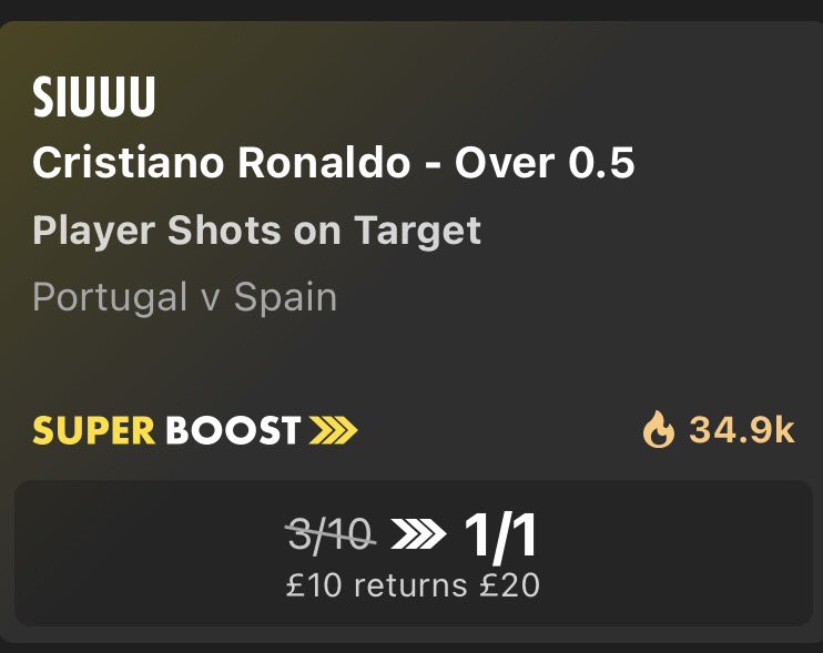 TOGJamie's tweet photo. 78% chance on the sheet… bookies have boosted it to EVS. 👀

Ronaldo 1+ Shot on Target.

I’m not overthinking this one. SIIUUU. 🇵🇹🔥

#PORESP #WorldCup2026 #Betting https://t.co/LbaGkrMUUO