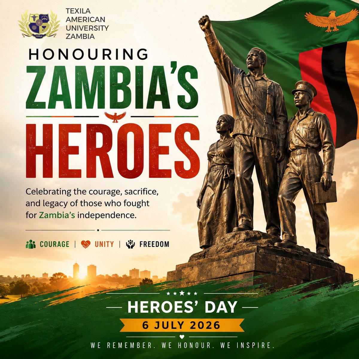 Sajubh's tweet photo. Today, we celebrate the bravery of Zambia's heroes, whose sacrifices paved the way for a free nation. Wishing the people of Zambia a proud and joyful day of celebration. 

#TexilaAmericanUniversity #Zambia #HeroesDay #HonouringHeroes #Freedom https://t.co/WVjeE9pdEa