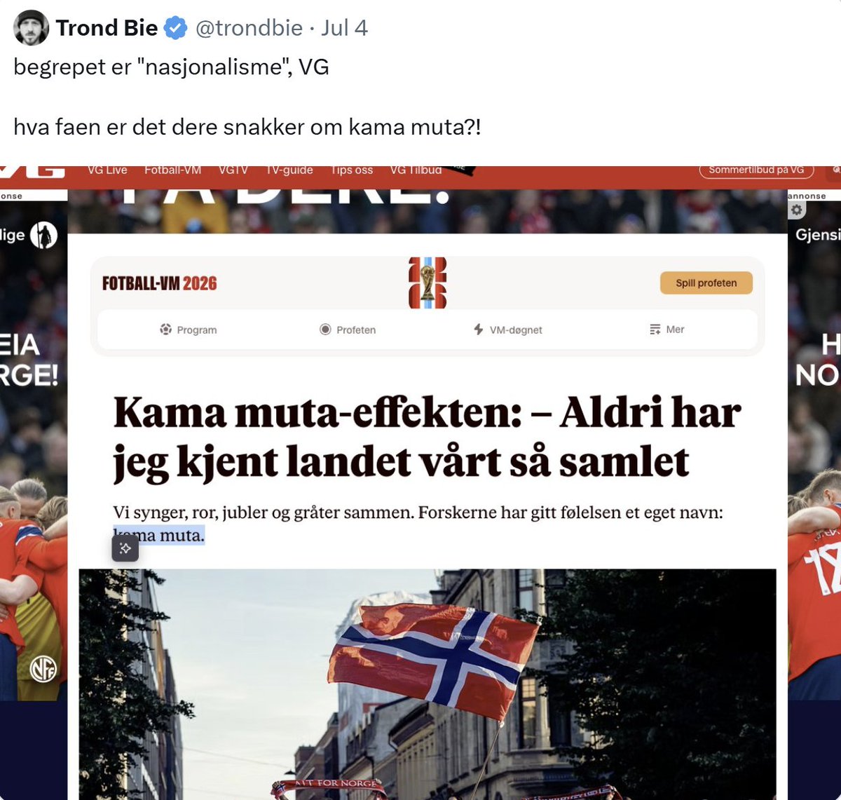 Norgesdem's tweet photo. Nok et åpenbart forsøk fra venstresiden på å endre språk og definisjoner til det ugjenkjennelige, i beste 1984-stil: Kama muta-effekten.

Som @trondbie påpeker: Vi har allerede et utmerket norsk ord som passer her: Nasjonalisme. 

Det å prioritere sine egne og sitt land før andre. Det samme ser vi med familie, hjemby, eget fotballag, lokal historie mm. Det er dette som skaper samfunnslim, fellesskap, tillit og trygghet.

Dette er nettopp dette globalistene og marxistene vil fjerne, og erstatte med kulturelt og etnisk mangfold. Vi skal alle bli like underdanige og like avhengige av at staten skal styre våre liv fra vugge til grav.

ND vil ha nasjonalismen, samfunnslimet, ytringsfriheten og selve valgfriheten tilbake. Vi vil ha frihet under ansvar og skattepenger brukt på Norge og det norske folk, ikke på alt annet.

ND vil ikke ha digitale penger eller sensur av sosiale medier og nettaviser. Vi har fått mer enn nok av propaganda fra hovedstrømsmediene.