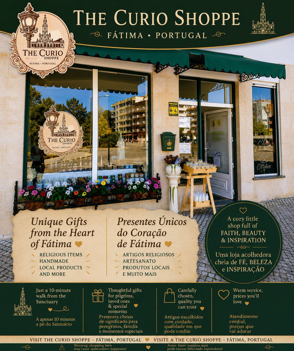 TheCurioShoppe's tweet photo. 🏡 Come discover one of Fátima's most charming little shops!

🎁 Unique gifts • Handmade treasures • Religious items

🌿 Just 10 minutes from the Sanctuary

🌐 https://t.co/r7T9D2MyKG

😊 Shopping here may cause spontaneous happiness!

#Fatima #VisitPortugal #TheCurioShoppe https://t.co/v43S6zBPov