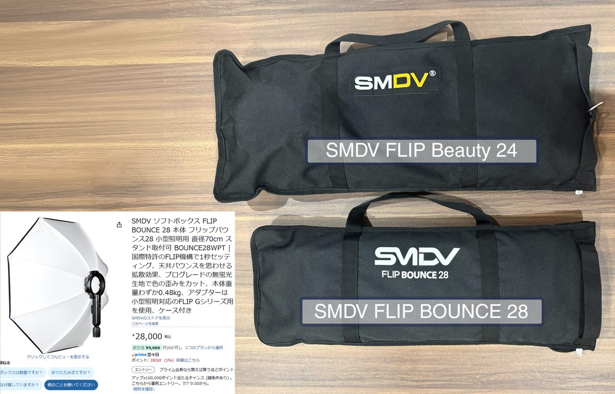 Sya_zou's tweet photo. 曇りの日1灯だけでも盛れる！
最近イチオシのライトアクセサリーを作例付きで紹介します✨

SMDV FLIP Bounce 28 
一般的なソフトボックスと比較して、使っていて特に良いと感じるポイント

・とにかく光が自然に回る
バウンス構造なので光の芯が出にくく、発光面も広いため、広く拡散した自然な光を作りやすいです。
1灯の環境でも、床に落ちた光がほんのり返って影を持ち上げてくれるので、クラムシェルっぽく下からも少し補助してくれる印象があります。

・折り畳んだ状態が超コンパクト
比較画像を見ても分かる通り、一般的なソフトボックスより広い径なのに、畳んだ時のサイズはかなりコンパクト。
イベントやロケでも取り回しがしやすいです。

・後ろにも置きやすい
一般的なソフトボックスと違って発光面が大きく前に張り出さないため、被写体の後ろ側や奥行きの限られた場所でも使いやすいです。
後ろ1灯としての運用もしやすいのがかなり便利。

光の拡散性の違いを、自分なりに解釈した図解も用意したので、イメージの参考程度になれば幸いです！