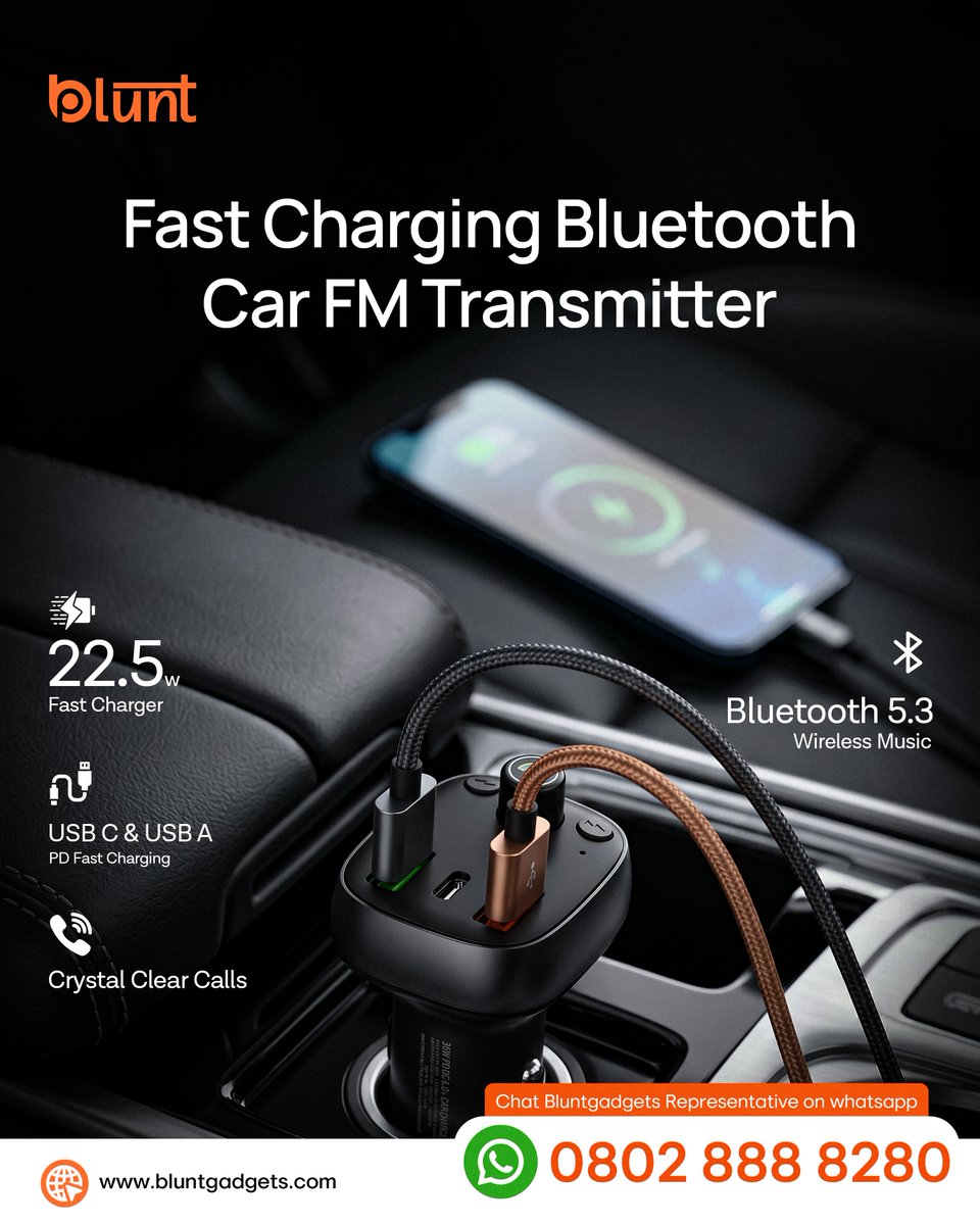 bluntgadgets's tweet photo. Upgrade every drive with the Blunt Bluetooth FM Transmitter.

Enjoy crystal-clear music streaming, hands-free calling, and 22.5W fast charging, all from one smart device. https://t.co/gvglwY57CJ