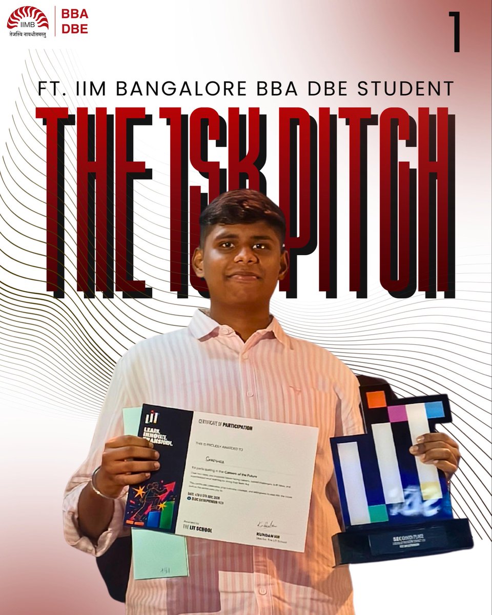 bbadbeiimb's tweet photo. ₹15,000 in prize money. Sessions with real founders. Feedback from industry leaders. 
Shreynik from BBA DBE at IIM Bangalore didn't just compete - he tested a real idea in the real world.
More than the prize, the learning was the win. congratulations! 🏆
#BBADBE #IIMBangalore https://t.co/ptF0j4tuHt