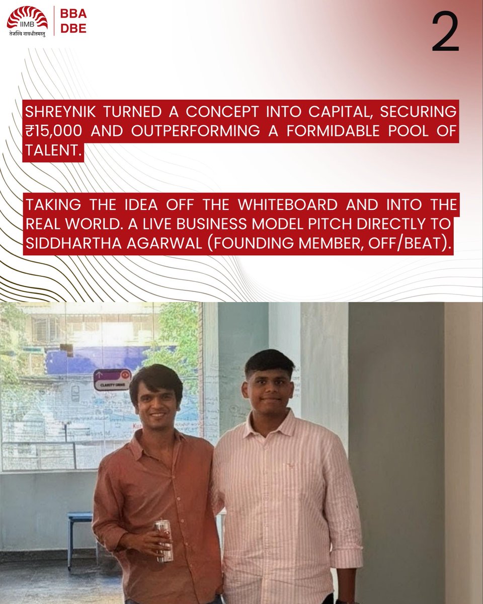 bbadbeiimb's tweet photo. ₹15,000 in prize money. Sessions with real founders. Feedback from industry leaders. 
Shreynik from BBA DBE at IIM Bangalore didn't just compete - he tested a real idea in the real world.
More than the prize, the learning was the win. congratulations! 🏆
#BBADBE #IIMBangalore https://t.co/ptF0j4tuHt