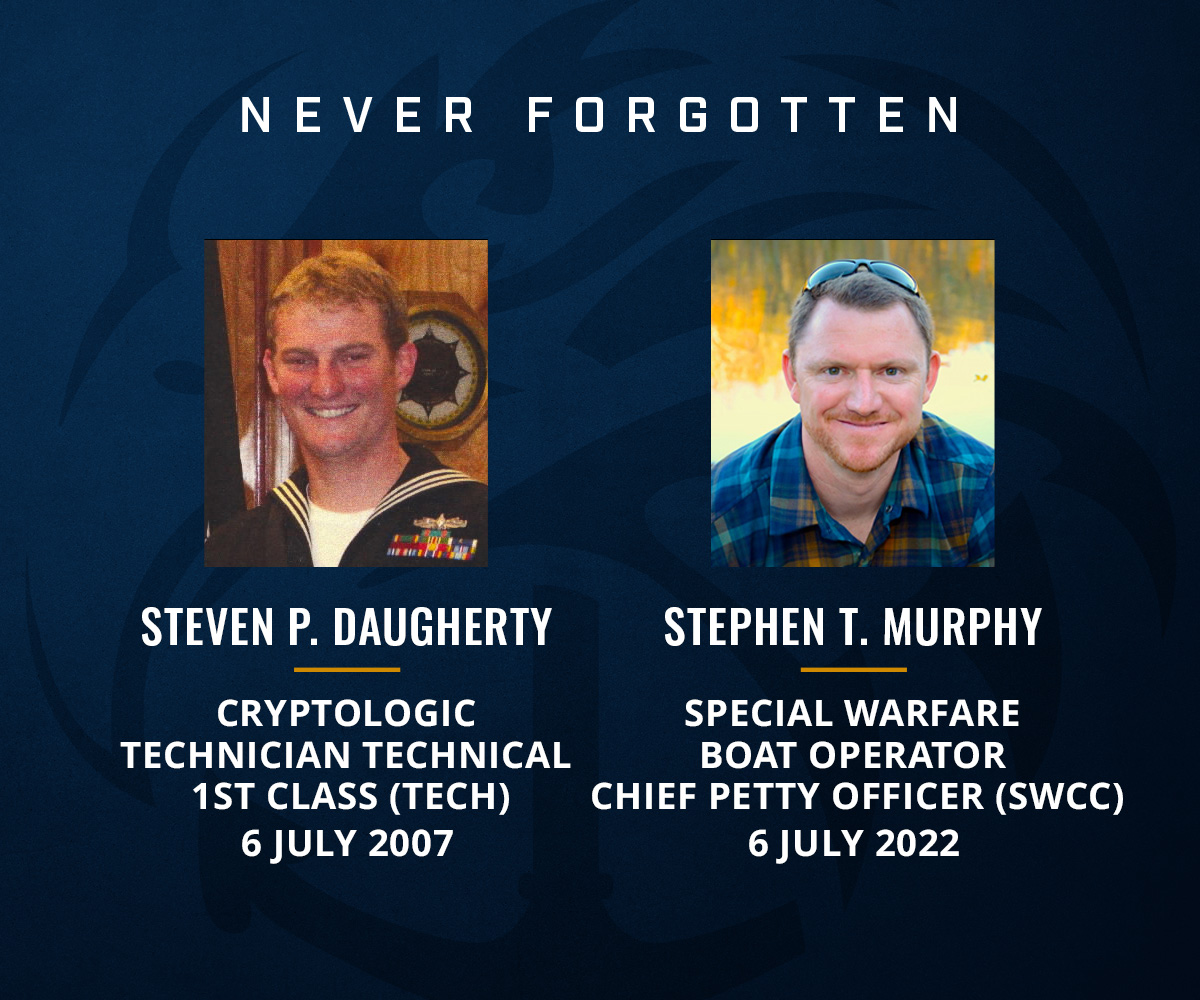 NavySEALfnd's tweet photo. Today, we honor and remember the lives and legacies of those who made the ultimate sacrifice in service to our nation on July 6:

– Special Warfare Operator 1st Class (SEAL) Jason D. Lewis, 2007
– Mass Communications Specialist 1st Class Robert R. McRill, 2007
– Cryptologic Technician Technical 1st Class (TECH) Steven P. Daugherty, 2007
– Special Warfare Boat Operator Chief Petty Officer (SWCC) Stephen T. Murphy, 2022

We will never forget their courage, commitment, and sacrifice.

#NavySEALFoundation