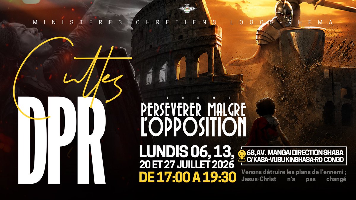 logosrhema_osl's tweet photo. 🔥CULTE DE DÉLIVRANCE – CE SOIR🔥

Ce soir, nous avons rendez-vous dans la présence de Dieu pour un temps puissant de délivrance, de restauration et de transformation.

📅 Date : Lundi 06 Juillet
🕔 Heure : 17h00 à 19h30
📍 Lieu : 68, Avenue Mangai, direction Shaba, C/ Kasa-Vubu, Kinshasa – RDC

#logosrhemaosl #dpr #diamantbobkalonji