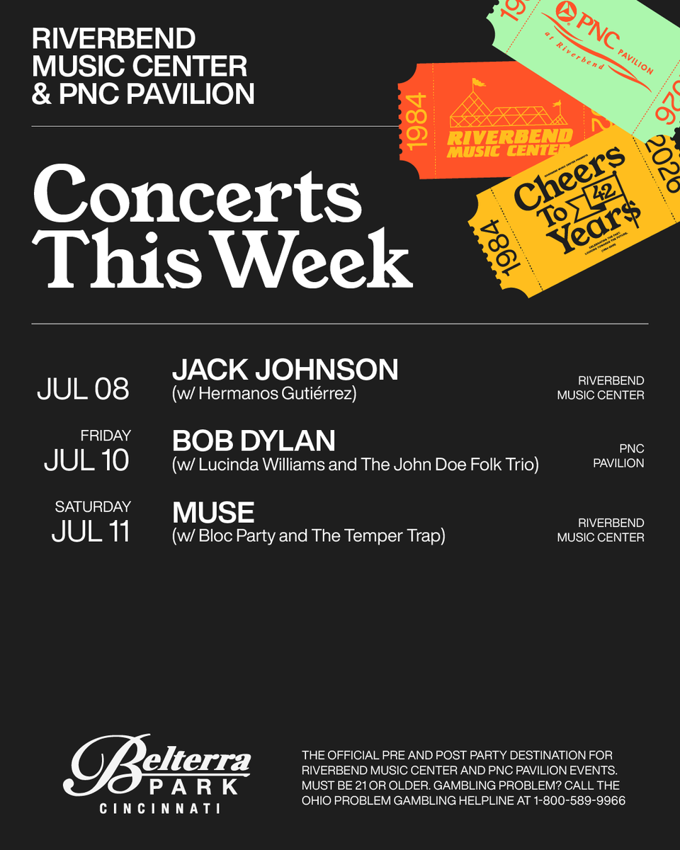 riverbendpnc's tweet photo. Coming up at Riverbend Music Center &amp; PNC Pavilion ☀️ Get tickets here: https://t.co/21KtNq6hYd

Looking to make pre- or post-concert plans? Stop by @BelterraPark! https://t.co/myeTNFlclE