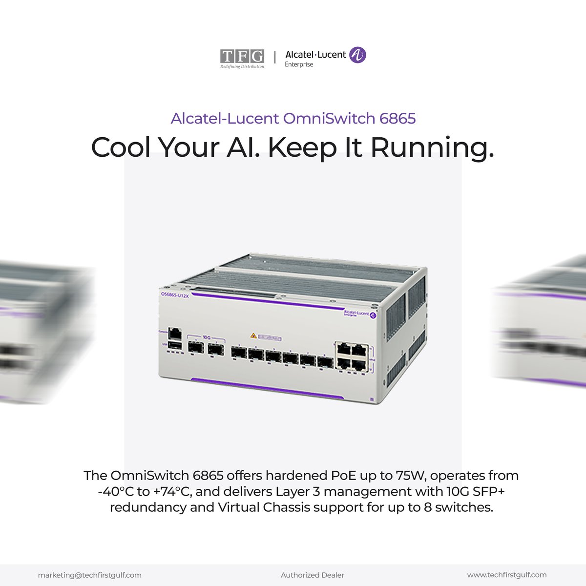 tech_fz's tweet photo. Extreme heat or freezing cold. The @Alcatel_Lucent OmniSwitch 6865 keeps running. Hardened 75W PoE, -40Β°C to +74Β°C operation, 10G SFP+ redundancy, Virtual Chassis up to 8 switches.
π© marketing@techfirstgulf.com
#OmniSwitch6865 #ALE #NetworkInfrastructure #TechFirstGulf https://t.co/73TVfixKyU