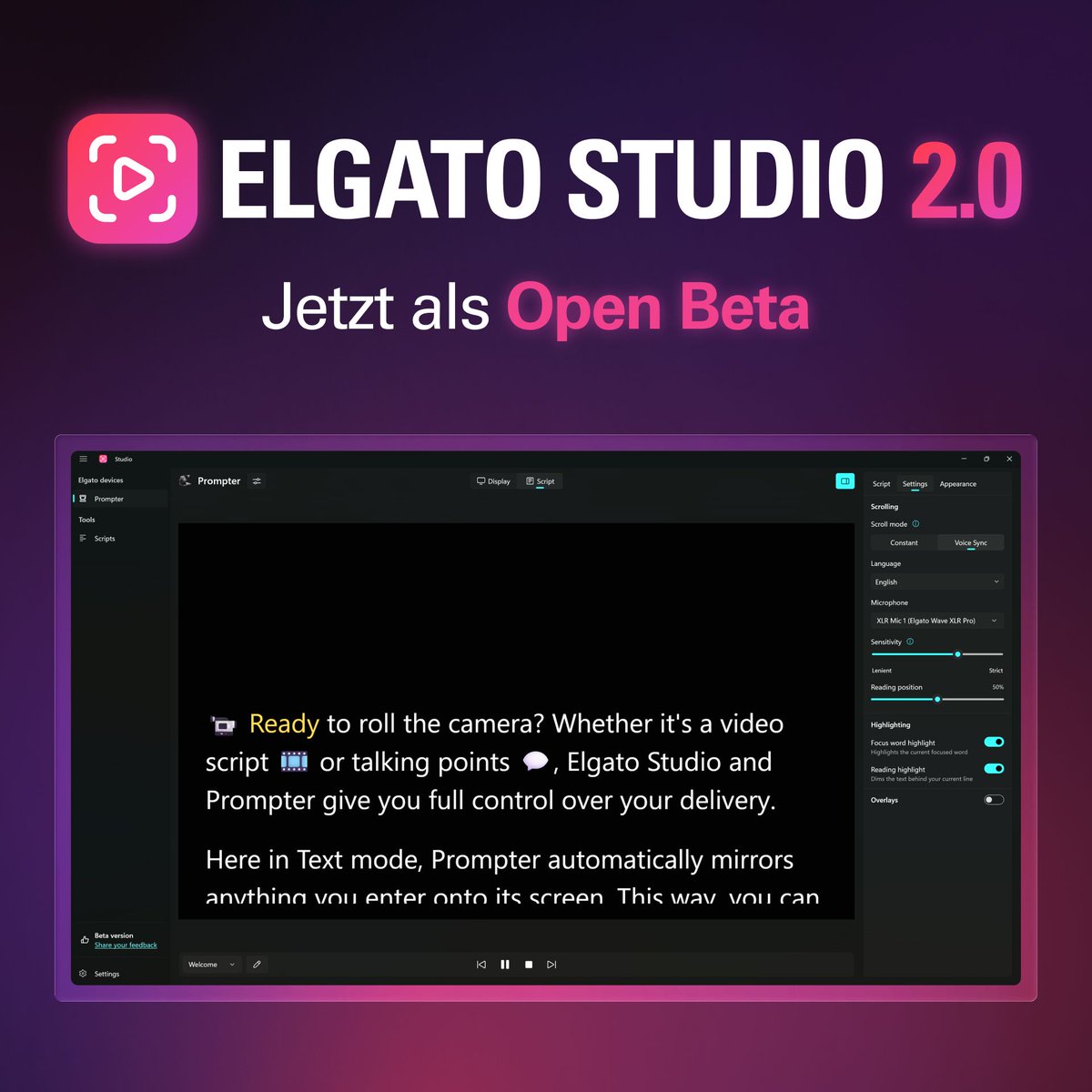 elgatoDE's tweet photo. Wir präsentieren Elgato Studio 2.0 – als Open Betaversion!

Wir freuen uns, die nächste Version von Elgato Studio vorzustellen, die ein völlig neues Software-Erlebnis für Prompter bietet.

🗣️ Voice Sync 2.0
✍️ Neuer und verbesserter Skripteditor
🎬 Überarbeiteter Skriptmodus

Probiert die neuen Funktionen aus 🧵👇