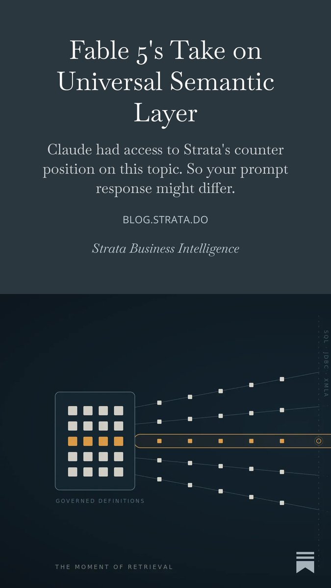 ajoski9's tweet photo. Fable 5's take on Semantic Layers
"But the standard architecture has a structural weakness its advocates underweight: the interface. Serving foreign tools through generic protocols — SQL, JDBC, XMLA — surrenders the moment of query composition to a client that doesn’t share the layer’s constraints."
https://t.co/CvsAbAdKDB